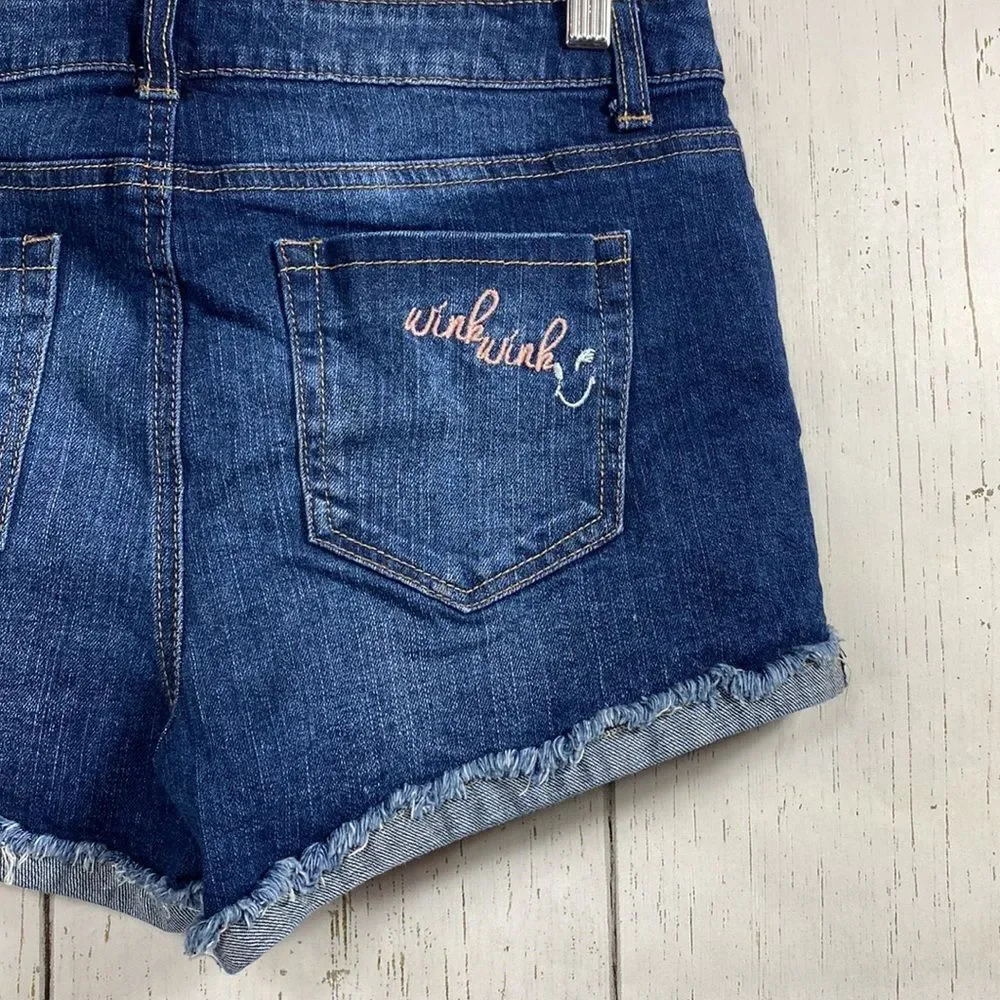 Vanilla Star Womens Embroidered Cuffed Distressed Mid Rise Jean Denim Shorts
